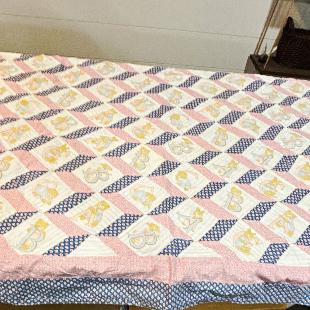 Crib Patchwork Quilted Quilt, Pink/Blue/White Teddy Bear, 31.5"x51" in